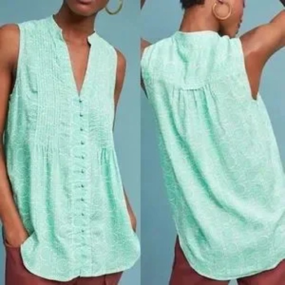 Anthropologie Maeve Petunia Green Pintuck Blouse small